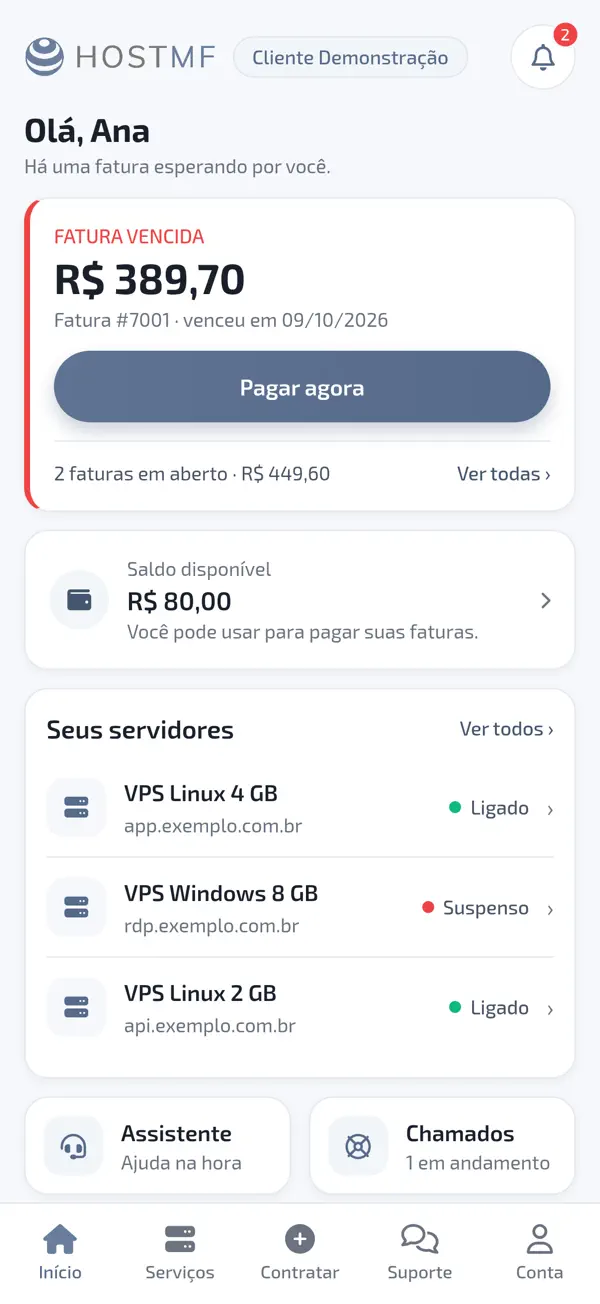 Tela inicial do app HostMF Cloud
