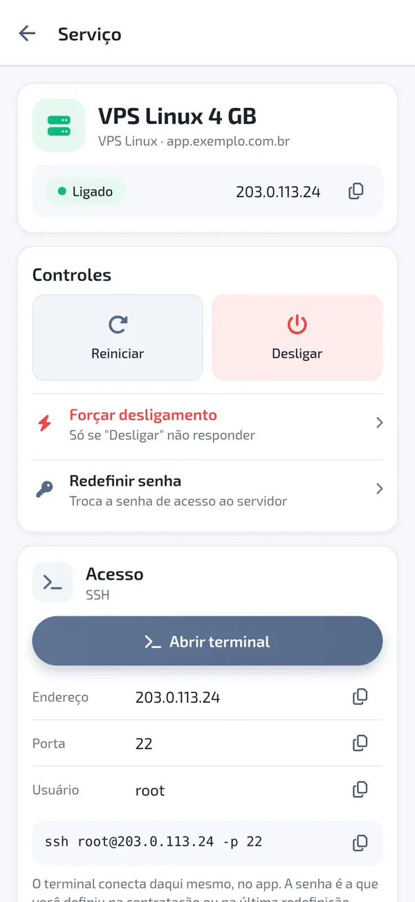 Controles do servidor: reiniciar, desligar e redefinir senha