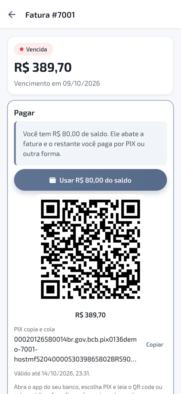 Fatura com QR code e Pix copia e cola