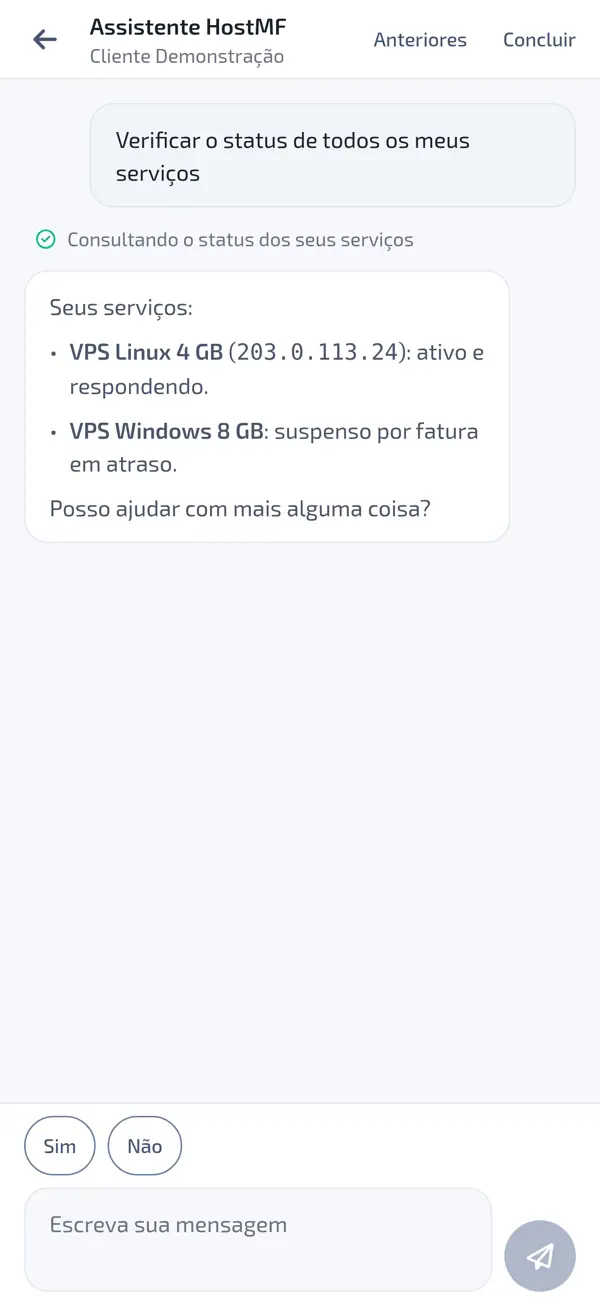 Assistente da HostMF verificando o status dos serviços