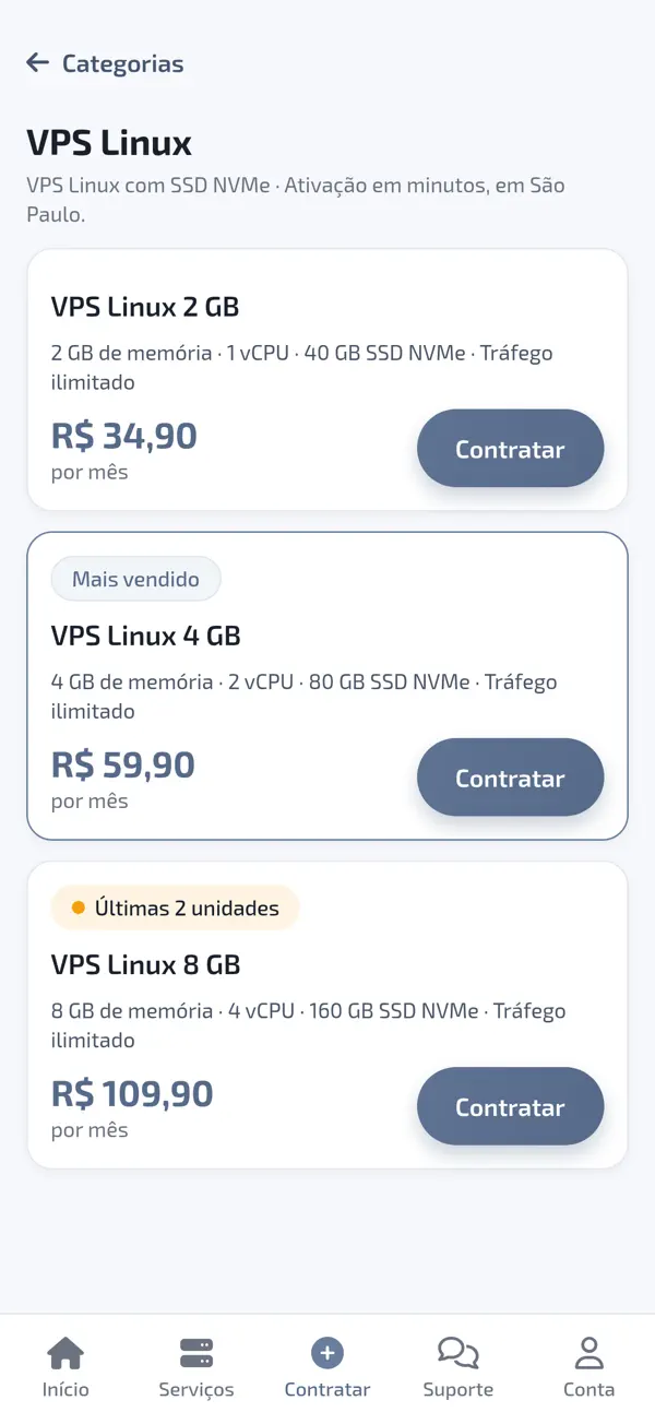 Contratação de VPS pelo app HostMF Cloud