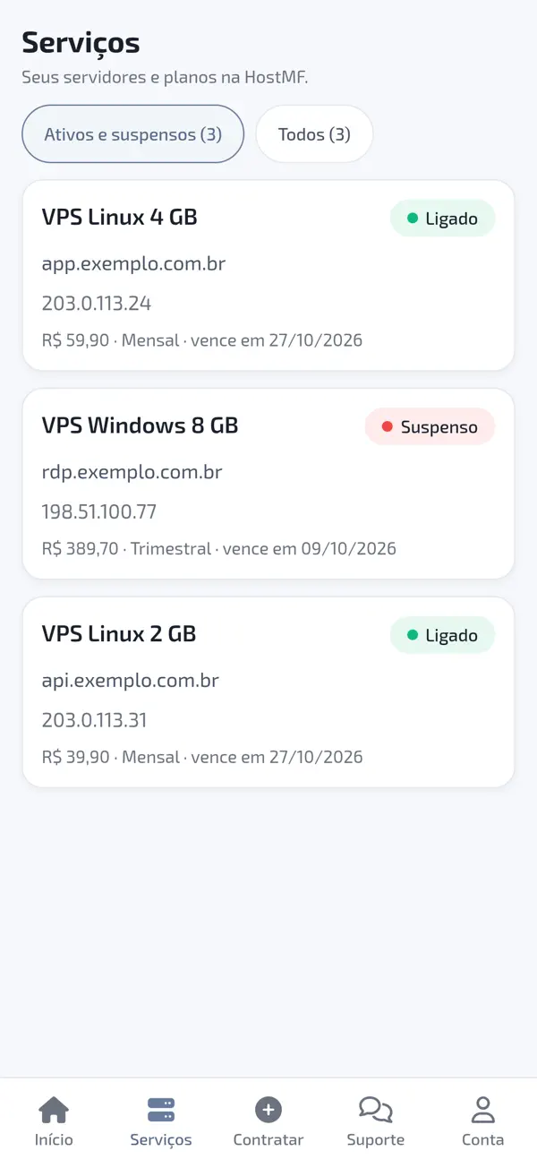 Lista de servidores e planos do cliente